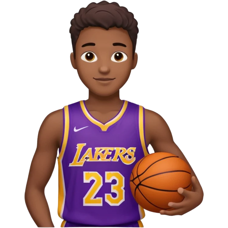 generate an ios genmoji of a handsome dark 20 year old in a purple lakers basketball jersey, basketball in hand, smirking emoji
