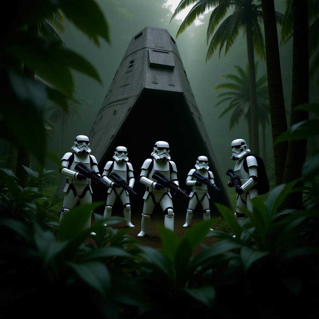 cinematic still, Closeup shot, amazon jungle,  blurred plants in the foreground (frame within a frame), Darth Vader around stormtroopers coming out from starship on ground, they are exploring the jungle, inspired by StarWars movie, captured by arri alexa emoji