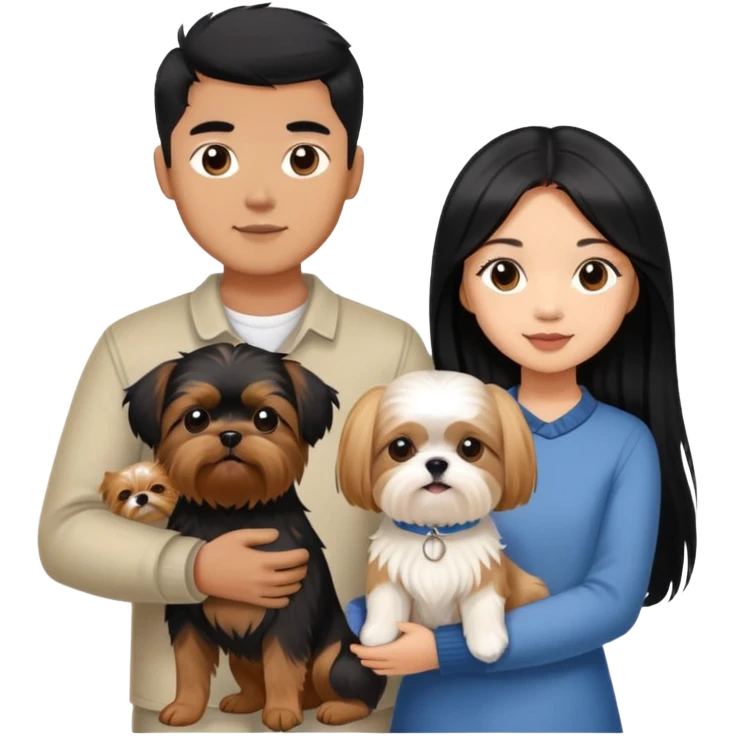 A beautiful Asian girl with long black hair is holding a Yorkshire Terrier. She is standing next to her brown skinned boyfriend, who is holding a Shih Tzu. They are each holding one dog each emoji