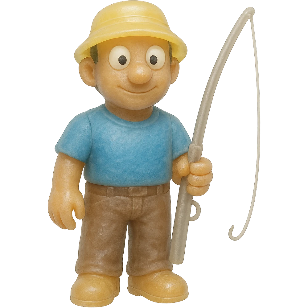 Edit the fisherman figure to have pants and make the fishing pole more noticeable. Maintain the style of a full-body, retro 90's toy with very transparent and slightly see-through appearance, natural tan skin, blue shirt, yellow hat, large white eyeballs with small black pupils, soft plastic texture, soft reflections, soft and squishy feel, some cloudiness, not shiny, highly detailed and appealing. No tag and no background. emoji