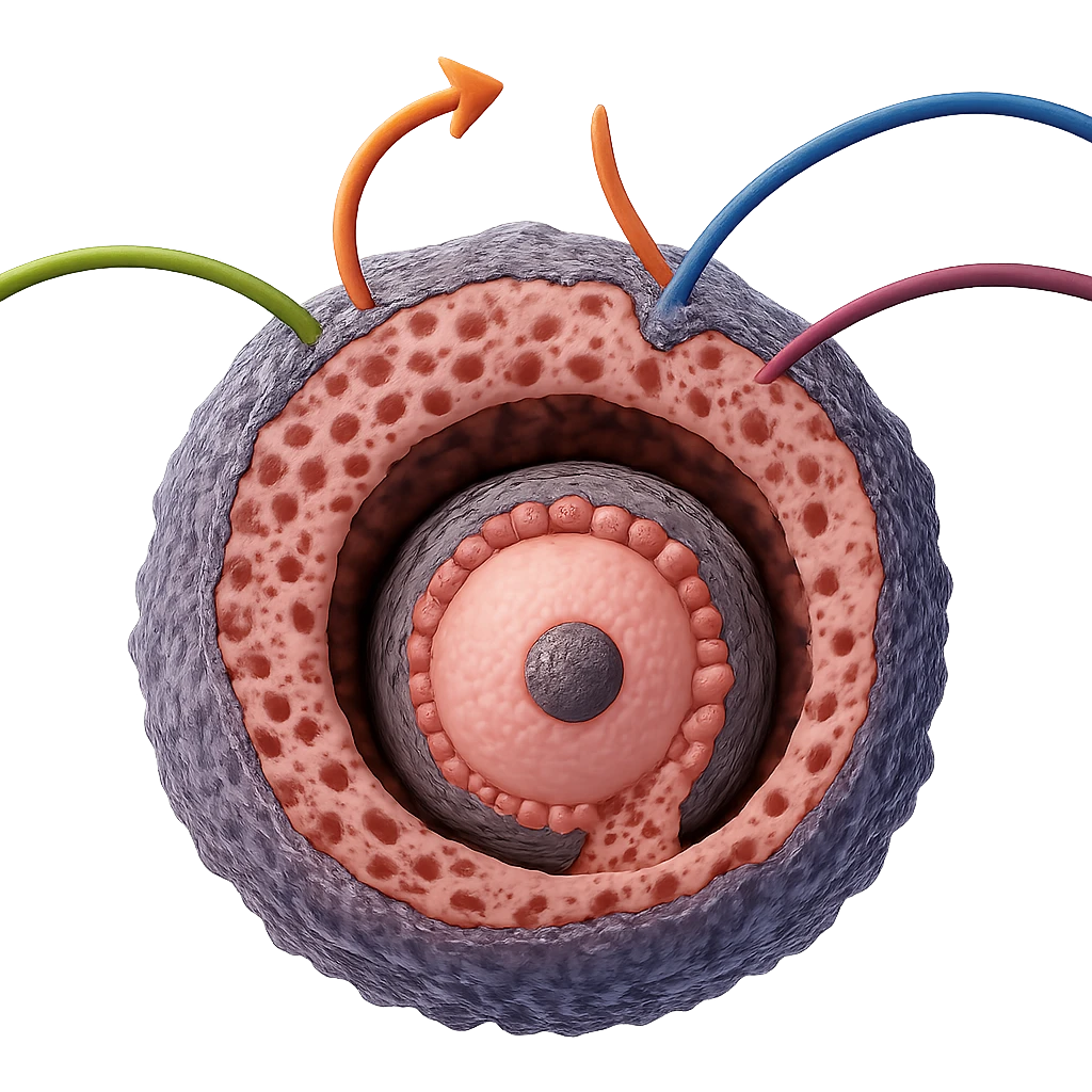 Create a hyperrealistic 4K version of the diagram of a female sex hormone as shown in the reference image. The image should be isolated on a white background with realistic details of cells and structures. No text should be included. Focus on photorealistic style and scientific accuracy. emoji