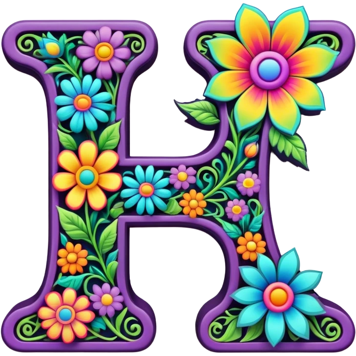 3D, gothic style psychedelic colored Letter “F” with hippie style flower border emoji