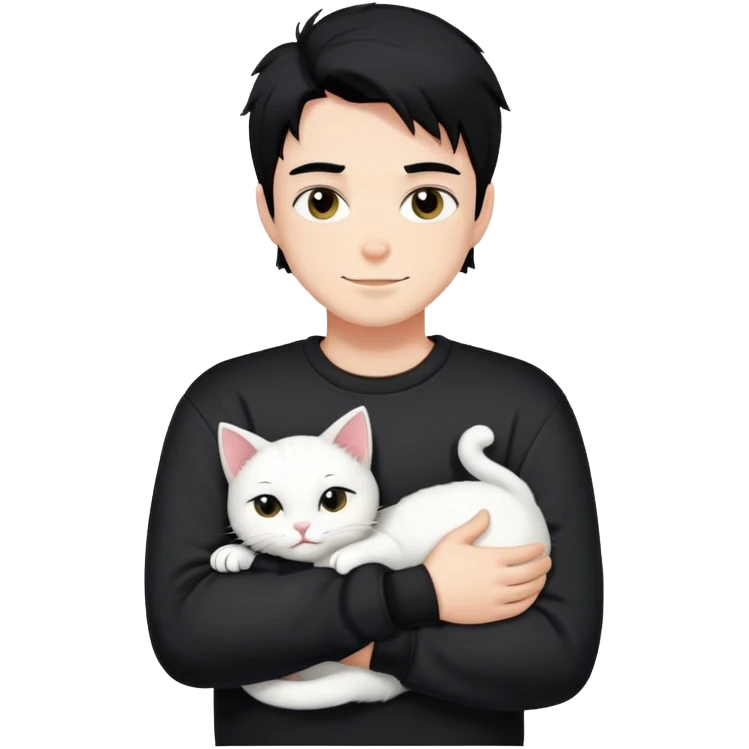 A bad boy with black hair wearing a sweatshirt happily hugs a white cat emoji