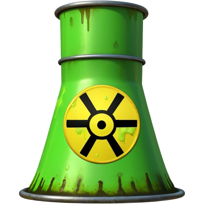 3D render of Nuclear Smokestack, toxic waste aesthetic, neon green bubbling liquid, caution yellow metal, industrial warning texture. emoji