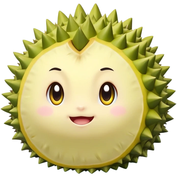 A chibi-style round durian character with green spiky shell and yellow flesh, blushing and shy with sparkly eyes – pastel tones emoji