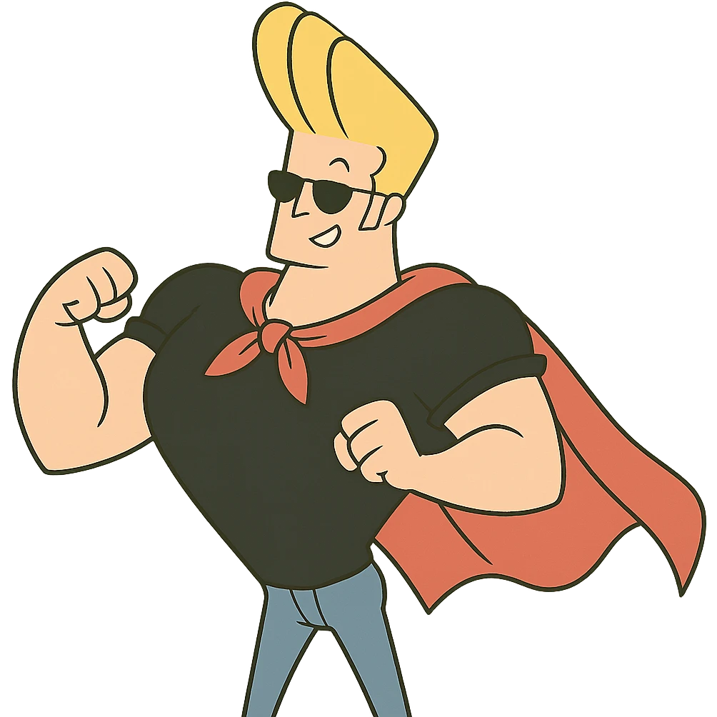 johnny bravo cartoon character, wearing a superhero cape, cartoon style emoji
