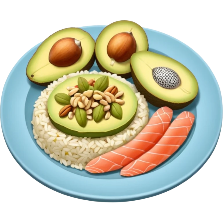 plato con comida variada granos aguacate rebanado salmon nueces arroz

 emoji
