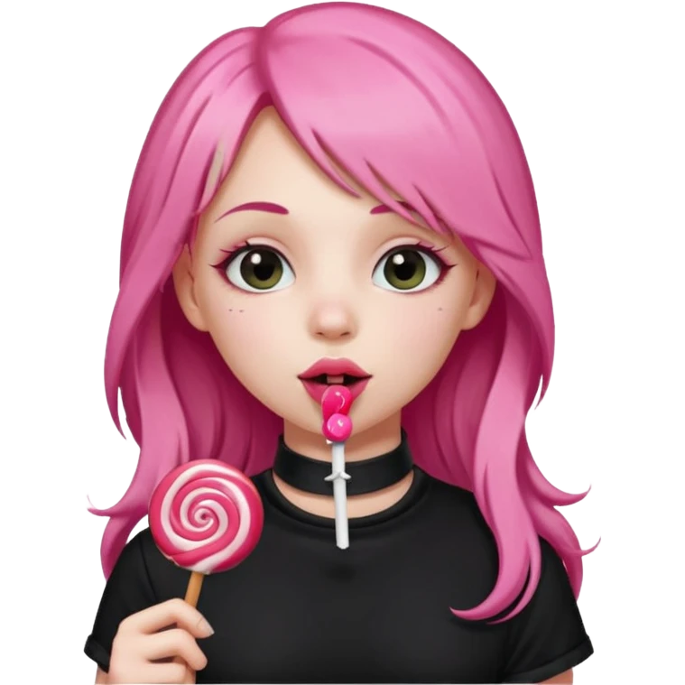 Cute girl with long pink hair wearing black, and a cute choker  licking a lolli emoji