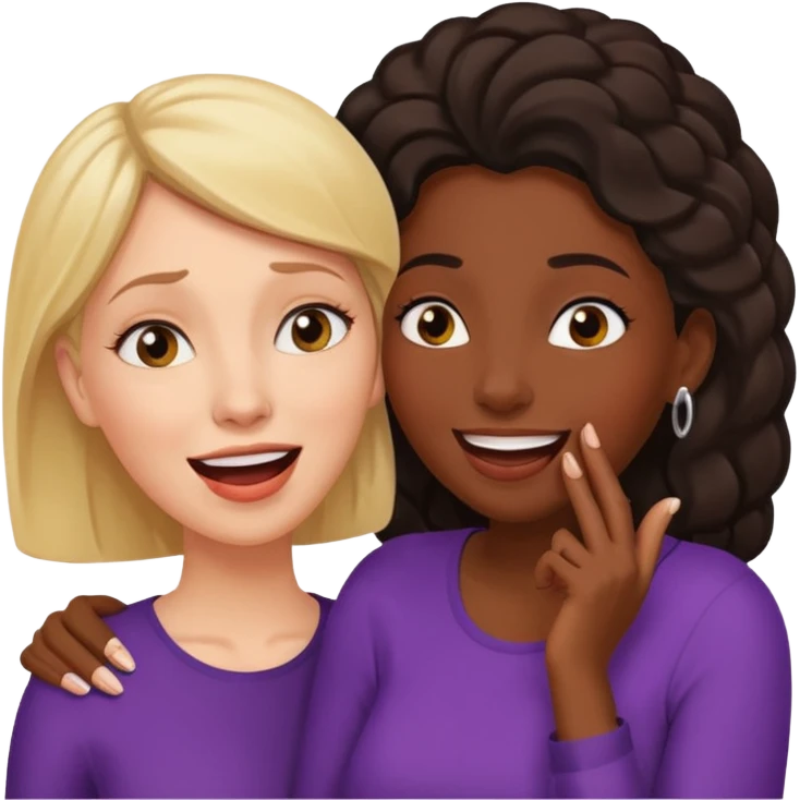 Devious cheerful white woman whispers in surprised embarrassed black woman's ear. emoji