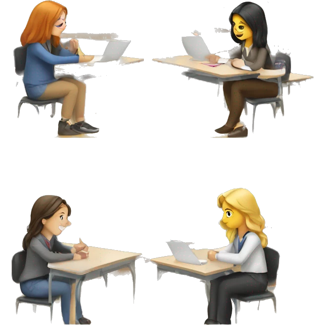 3 European students at school desks. they are chatting emoji