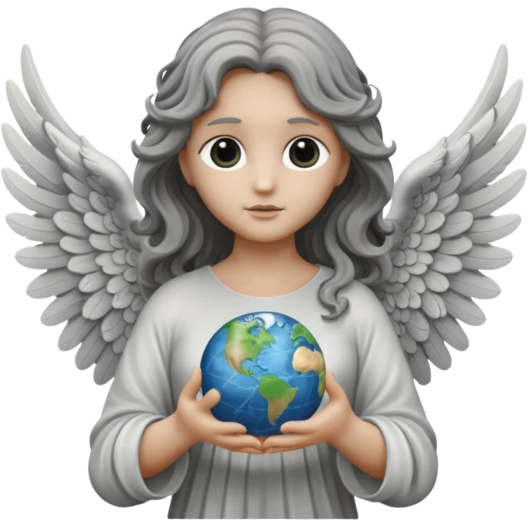 Angel statue (All gray/Rock) long wavy hair hollow eyes feathered wings holding the world (White and Black)  emoji