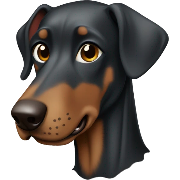 a black Doberman with brown spots smiles widely, it should be clear that he is wearing a gray sweatshirt and glasses with black frames emoji