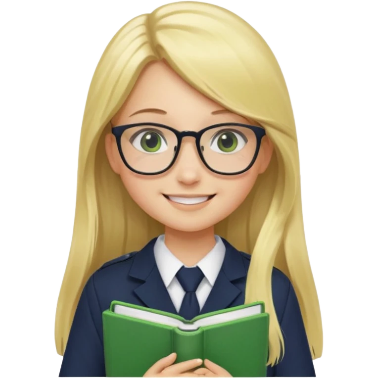 Girl student wearing uniform, glasses, hold green book in front of their chest, blonde long straight hair, white skin emoji