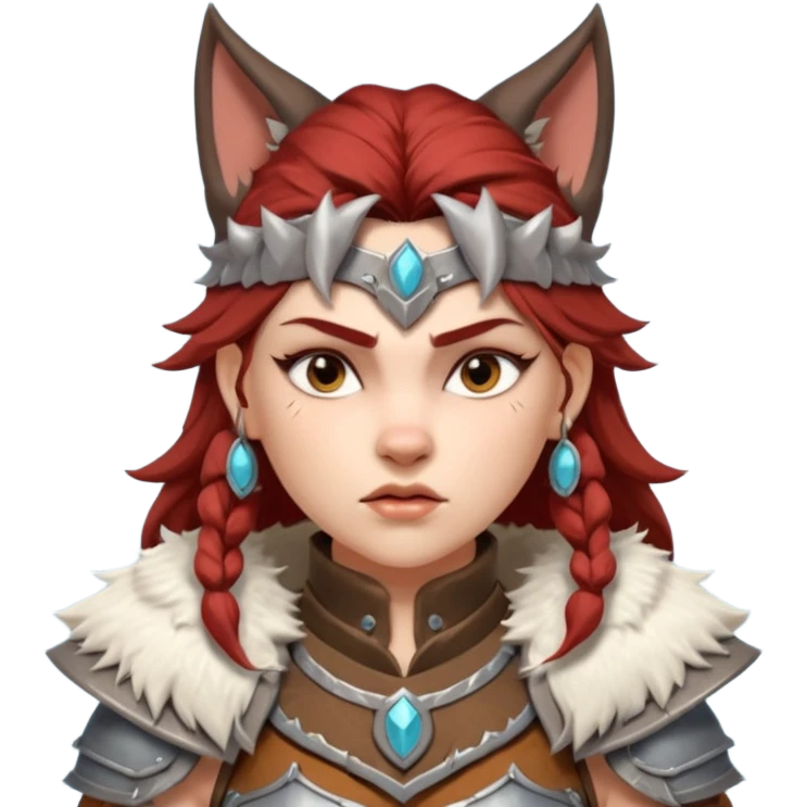 barbarian woman riding a wolf portrait, head and shoulders only, wolf head visible, fur-lined armor collar, fierce expression, fantasy style, 3D cartoon, mobile game icon style, clean background, no text, no watermark emoji