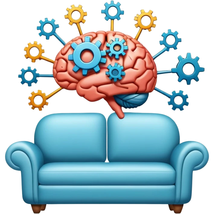 An icon featuring a brain with gears, a mind map, and a therapy couch, symbolizing psychology. The design includes a set of mental health tools, representing understanding the human mind. Transparent background emoji