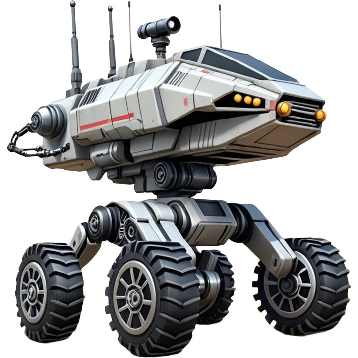 Star Wars jumping 8-wheel armored canine sporty self-balancing massive mech trail assault vehicle motor-in-wheel side-hill leaning actively robotically articulating hydraulic independent suspended pod gimbal enemy mech off-road racing rover with large fast engine basher crawler megatron  emoji