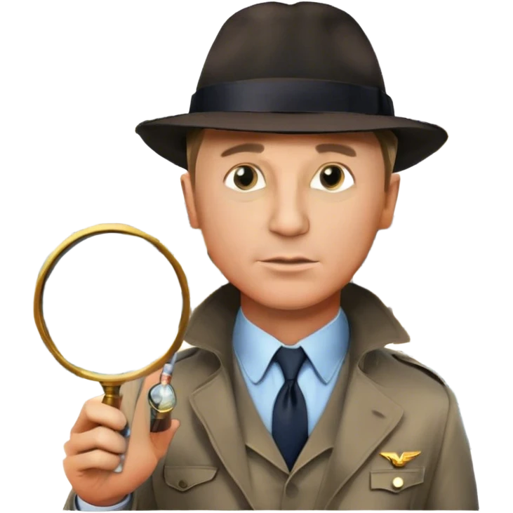Icon for Detective Movies: A colorful collage featuring Daniel Craig as an inspector, with a magnifying glass, fedora hat, cigarette, and a mysterious city backdrop. Include a board with photos of suspects, fingerprints, and a crime scene. Retro movie poster style. Transparent background. emoji