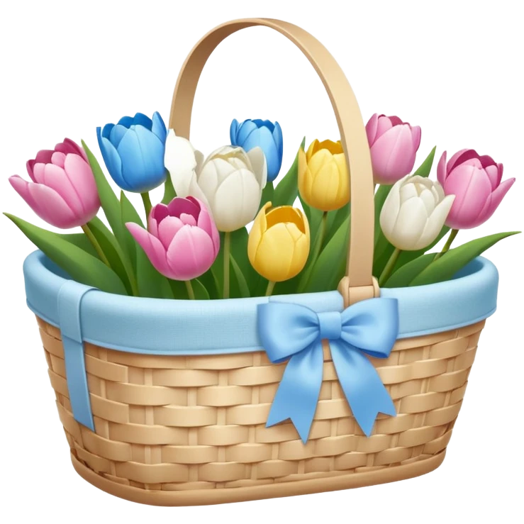 A white Picnic basket with pastel blue bow, white peonie, tulips emoji