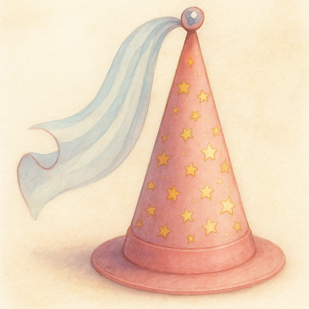 Edit the fairy godmother hat to be pink while keeping the conic shape, gem, veil, and star decorations. Use a magical, whimsical style. emoji