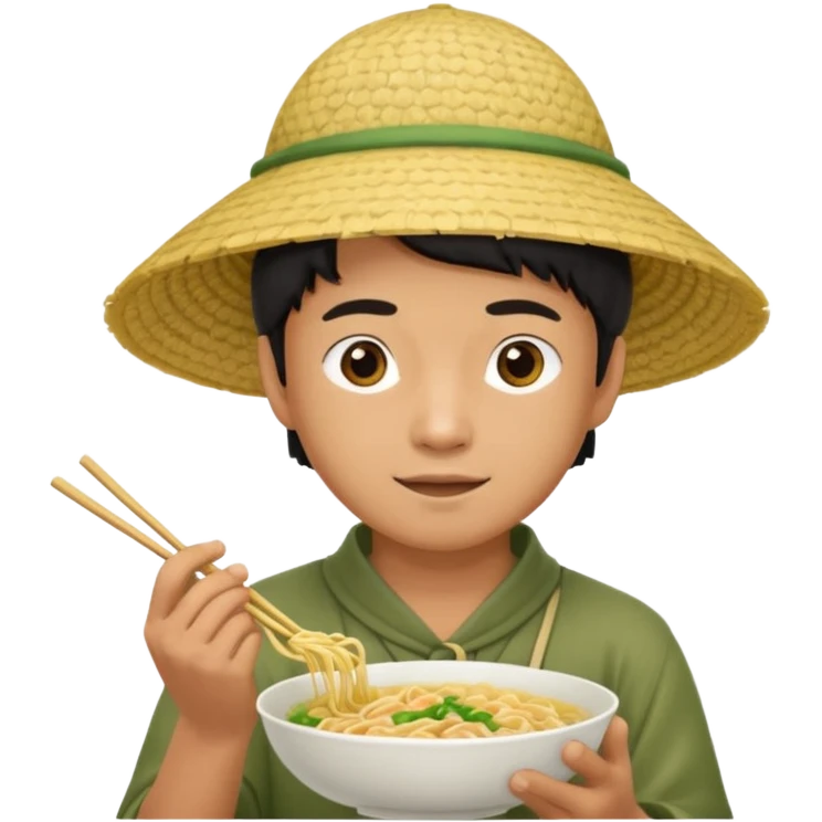 Asian man in a rice paddy hat eating noodles emoji
