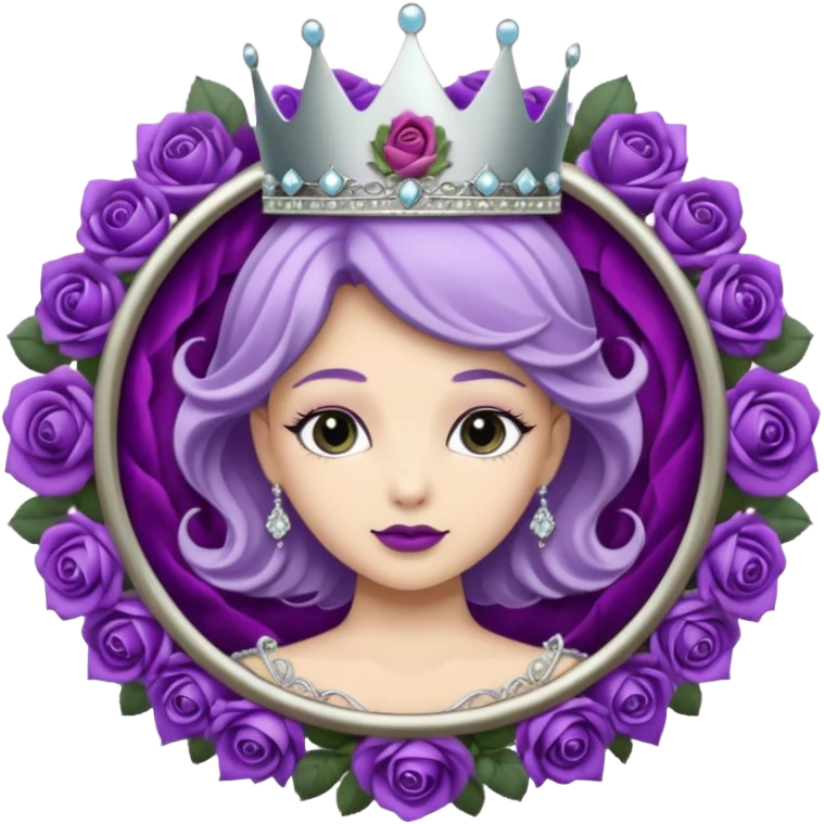 Purple rose flower, silver circle plaque, silver tiara emoji