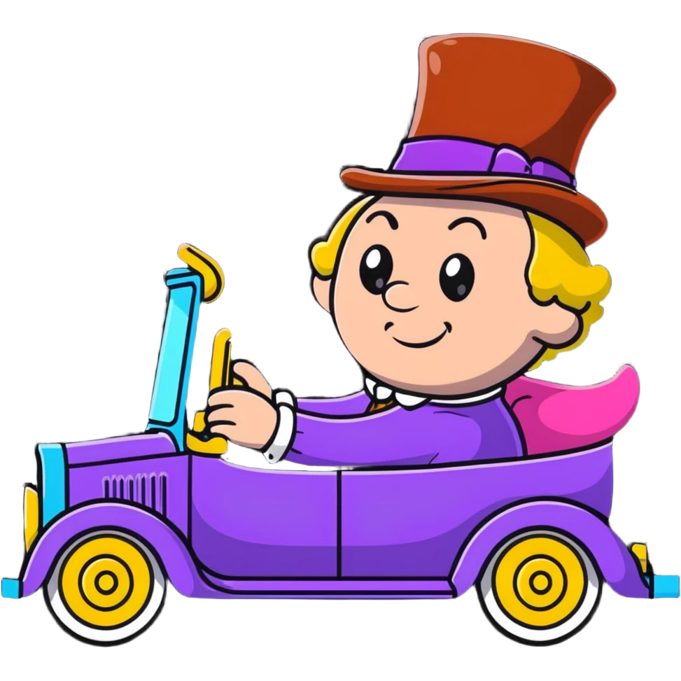 Willy Wonka driving a whimsical vehicle emoji