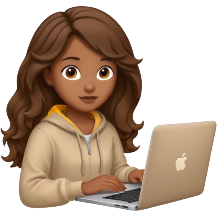 make a picture in ios 18 style of a girl with brown long wavy hair wearing cozy beige clothes and working on a laptop emoji