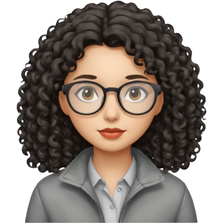 girl with dark curly hair, glasses and a gray jacket emoji