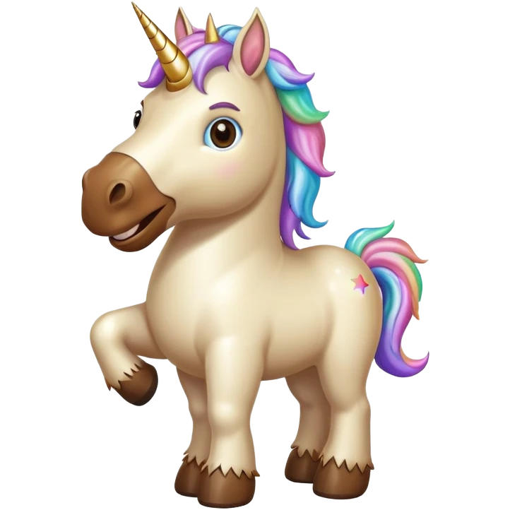 A unicorn body with Bigfoot feed a wide grin and a sparkle in his eyes emoji