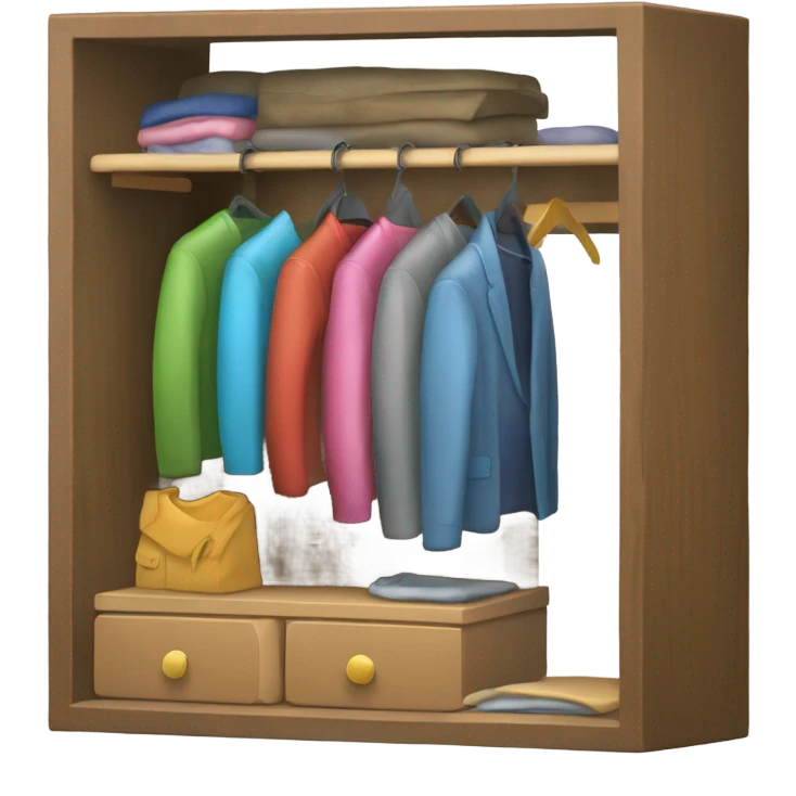 Design an emoji-style icon of an open wardrobe with clothes hanging inside. Include details like a wooden frame, hangers, and colorful clothing items such as shirts or any other clothing . Use a clean and minimalistic design. emoji
