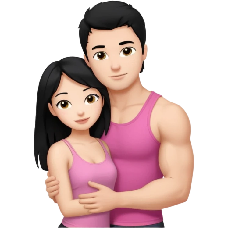 a pretty bratz fair girl. black hair, wearing a pink cami top hugging a handsome fair guy with black hair. lean but muscular who is wearing a black tee emoji