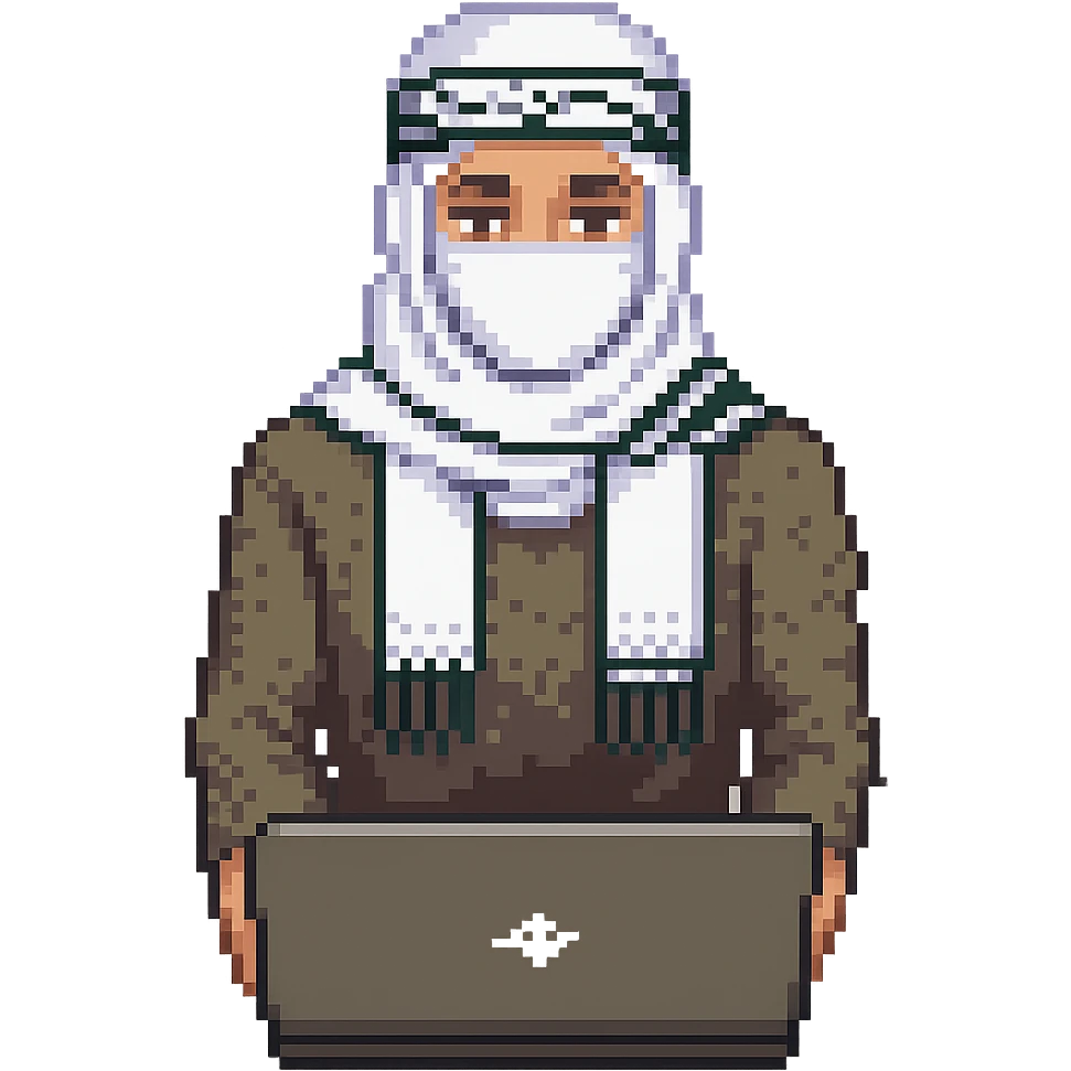 Create a pixel art style image of a man who is a Palestinian person with a laptop, wearing a keffiyeh scarf. The background should be removed, focusing on the character and the laptop. emoji