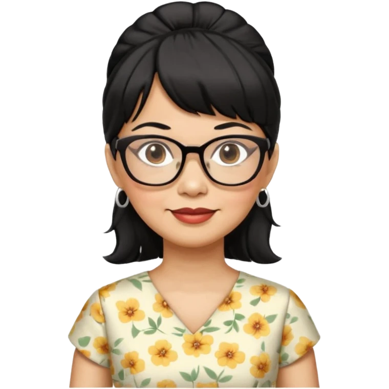 filipino woman black hair in one pony tail with straight bangs and big glasses, 60 yr old, nice dress

 emoji