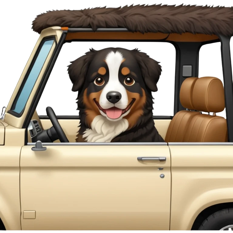 Bernese mountain dog in a cream colored ford bronco with no roof emoji