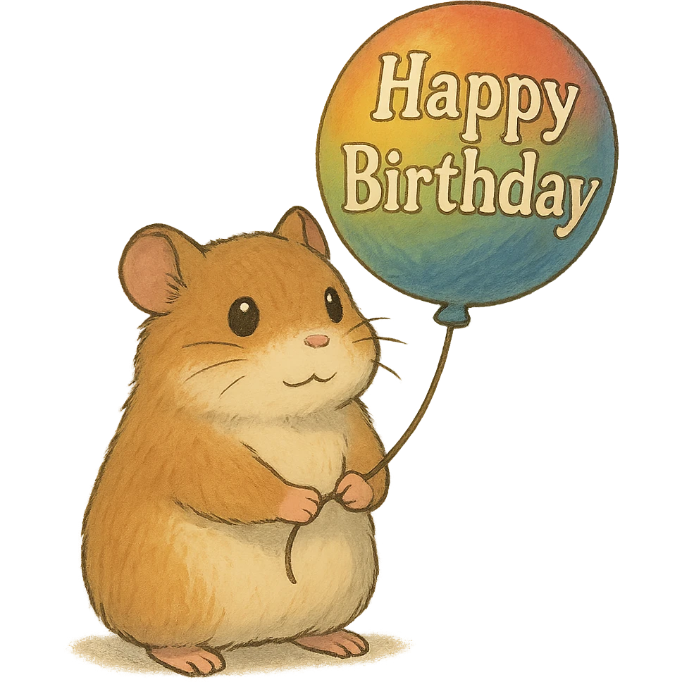 hamster holding a colorful balloon with 'Happy Birthday' text, soft Ghibli style emoji