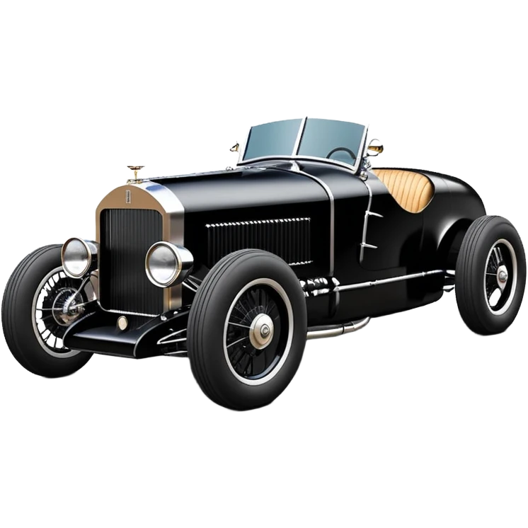 Darth Vader black Bare bones (channeled cowl) drag racing and speed record modified (fenders removed) chopped streamlined sporty roadster that is a (stripped down) hot street rodded engine sports car 1932 Rolls Royce Woody futuristic  wide racing wheels emoji