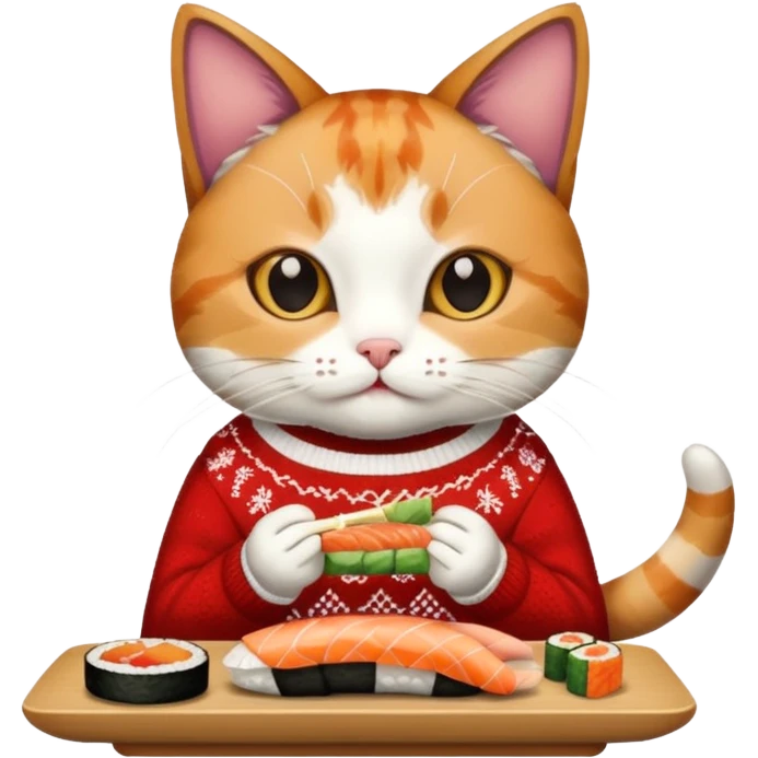 cat wearing a christmas sweater eating sushi emoji