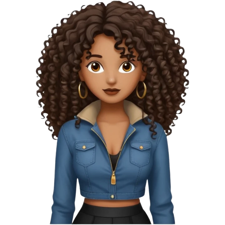 brown skinned lady with curly black hair, shoulder long hair, messy, nice curves emoji