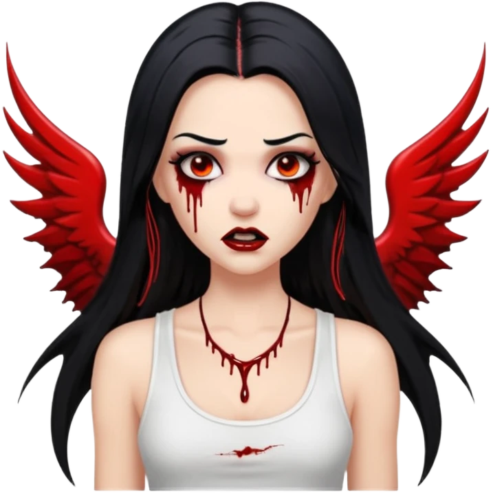 White woman with a white tank top long black hair glossy middle part long hair vamp look with fangs or blood dripping down lips brown eyes eyeliner winged with lashes top and bottom white border emoji