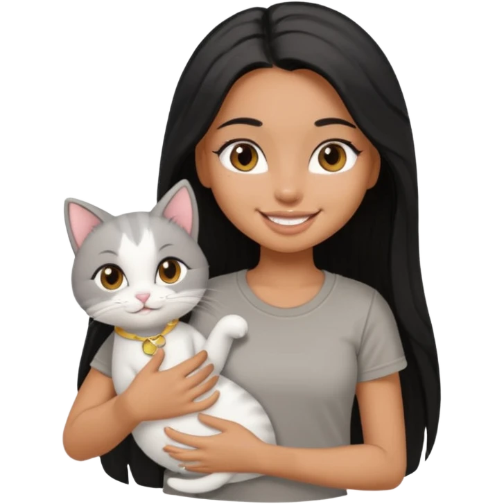 a pretty tan bratz girl with black long straight hair, wearing a grey tshirt smiling and holding a white cat\ emoji