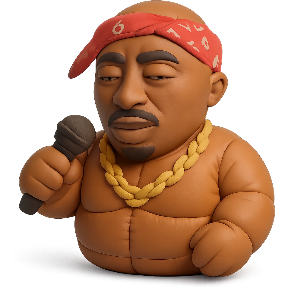 2Pac with microphone, gold chain, and bandana emoji