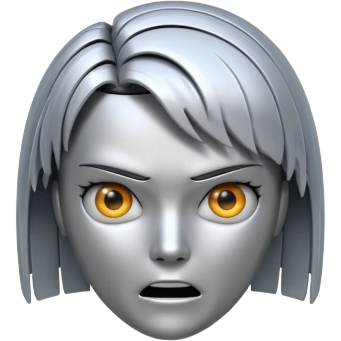 Robot emoji with angry facial expression, make it look comically robotic (closer to Robot than Human), it should have human-like hair, in a short tapered asymmetric bob shape emoji