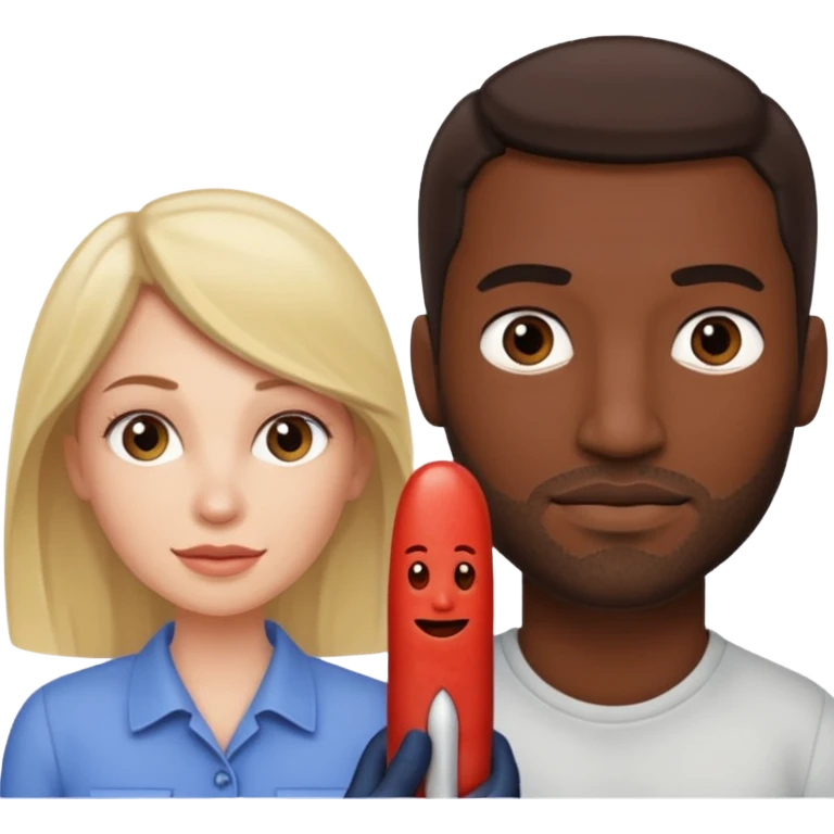 A white woman next to a dark man holding his penis emoji