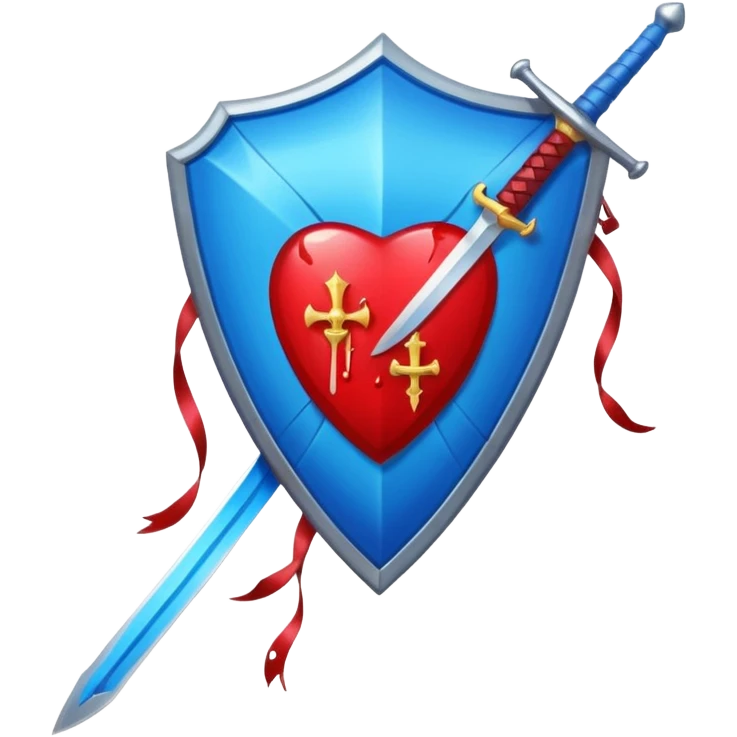 shiny vibrant blue kite shield with a vertical sword behind it, blood effect on the sword, apple emoji style emoji