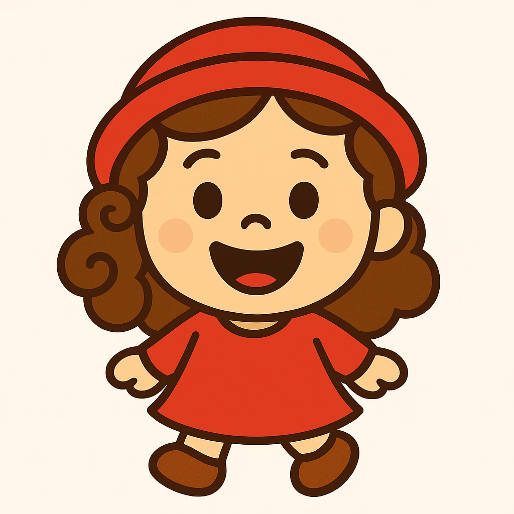 Create an emoji-style icon of a happy little girl with brown curly hair, light skin, wearing a red dress, red hat, and brown shoes. The style is inspired by the logo of Little Lulu, featuring a joyful face. The image should capture the cheerful and playful essence of the character. emoji
