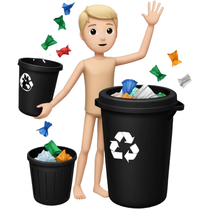 give me a white stickman and a black trash can and trash and make the man throw some trash can and make the background black  emoji