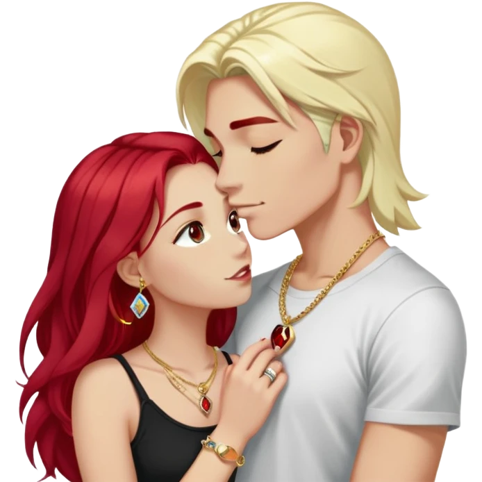 young 20 year old couple kissing, girl with long cherry red hair and dark blonde eyebrows wearing gold necklace with letter A, diamond gold ring, red bracelet and light clothes, boy with bright white hair wearing dark t-shirt and silver ring with black stone emoji