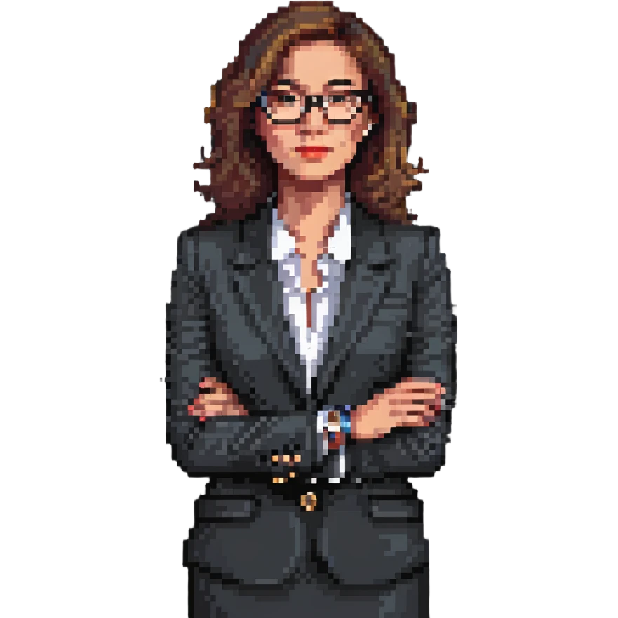 front-facing pixel art illustration of a thoughtful businesswoman from the waist up, wearing a sharp suit and stylish glasses, one hand under chin, gazing slightly to the side, luxury watch visible on wrist, expression of curiosity and contemplation, clean background emoji
