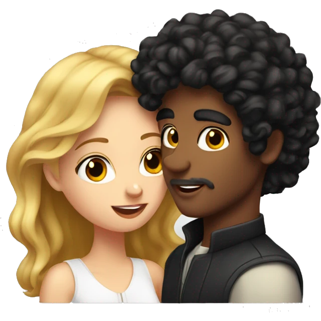 girl with dark red hair kissing man with black curly hair with blonde tips on the cheek  emoji