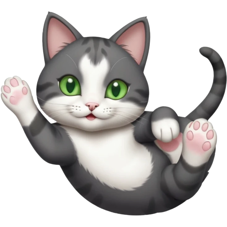 beautiful female solid dark grey cat with green eyes, white toes/paws and white patch on her chest playfully rolling upside down emoji